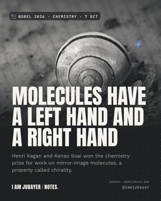 A snail shell with a spiral pattern, in black and white tones, with the headline: Molecules have a left hand and a right hand.
