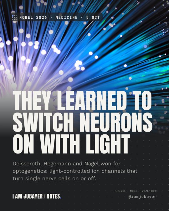 Glowing blue fibre-optic strands spreading from a bright point, with the headline: They learned to switch neurons on with light.