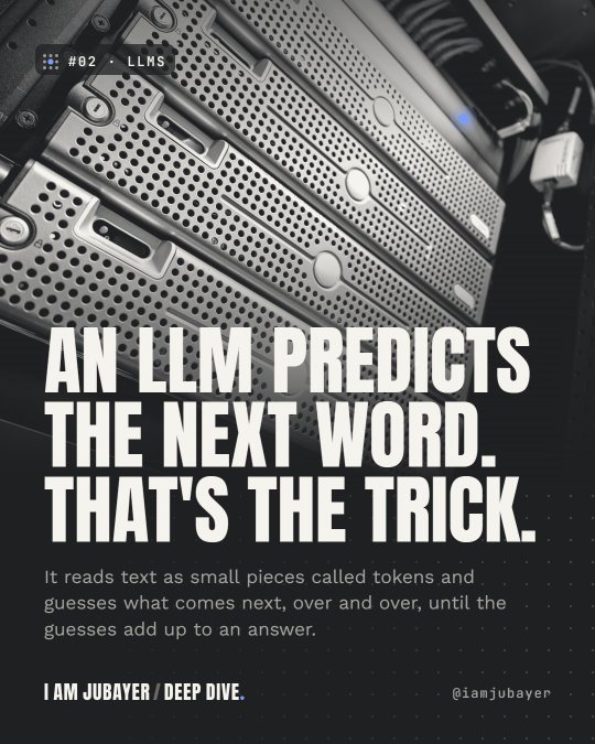 Close-up of perforated server panels in black and white tones with the headline: An LLM predicts the next word. That's the trick.
