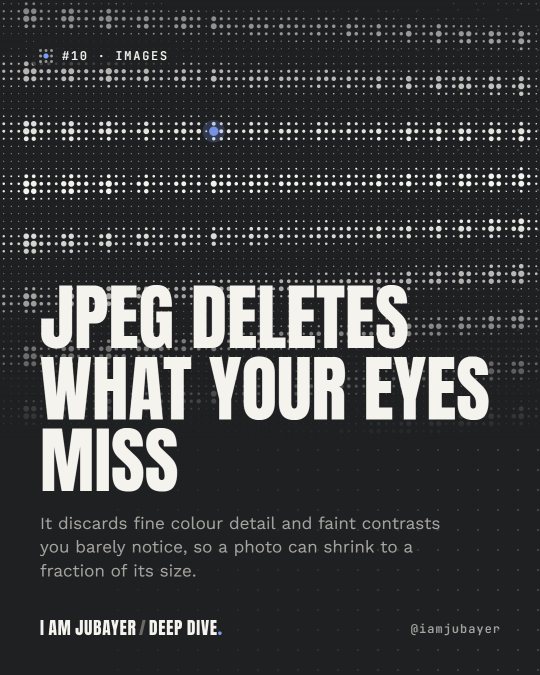 A close-up of an LED panel rendered as a grid of white dots on black, with the headline: JPEG deletes what your eyes miss.