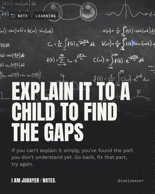 A blackboard covered in chalk equations and graphs, in black and white tones, with the headline: Explain it to a child to find the gaps.