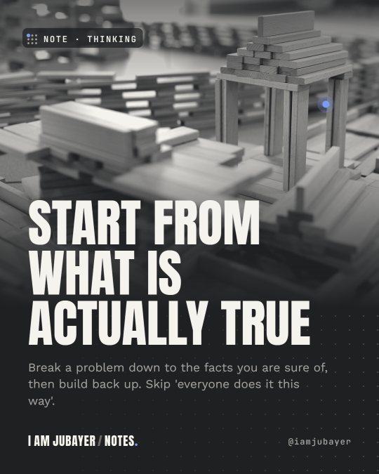 A structure of wooden building blocks in black and white tones, with the headline: Start from what is actually true.