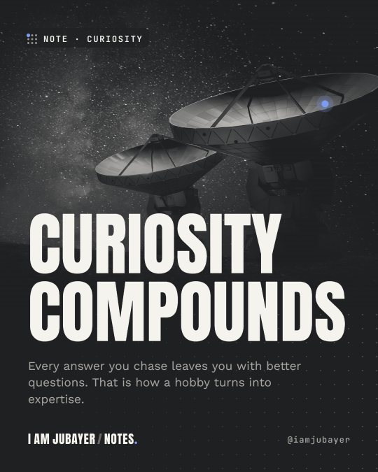 Two radio telescope dishes under a starry night sky in black and white tones, with the headline: Curiosity compounds.